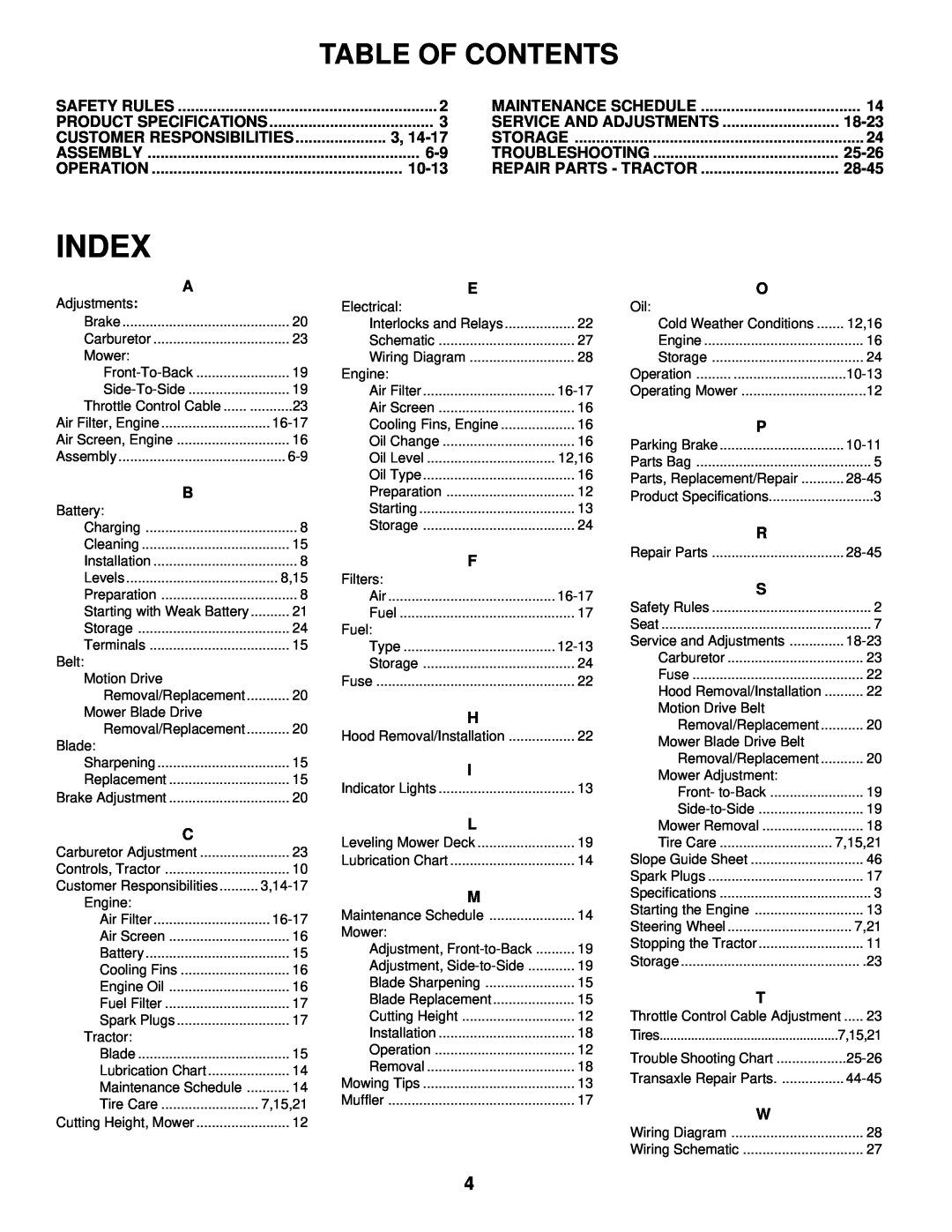 Husqvarna YT180 Table Of Contents, Customer Responsibilities, 10-13, Service And Adjustments, 18-23, 25-26, 28-45, Index 
