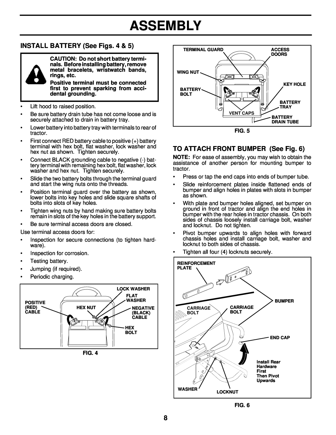 Husqvarna YT180 owner manual INSTALL BATTERY See Figs. 4, TO ATTACH FRONT BUMPER See Fig, Periodic charging, Assembly 