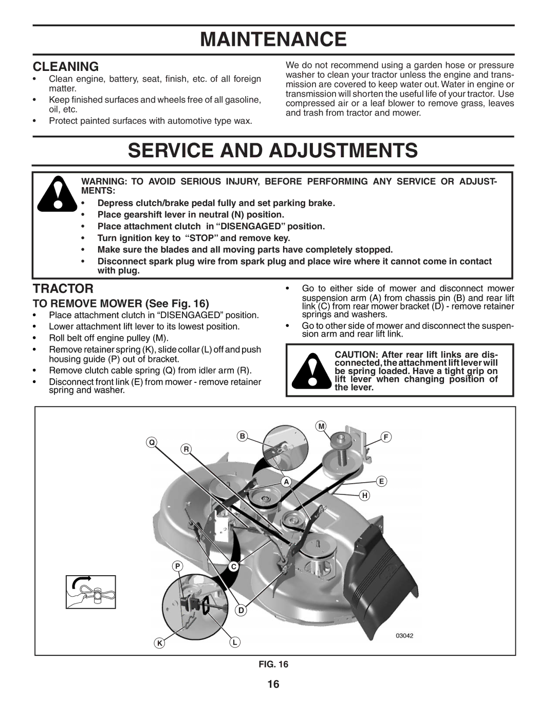 Husqvarna YT1942T owner manual Service and Adjustments, Cleaning, To Remove Mower See Fig 