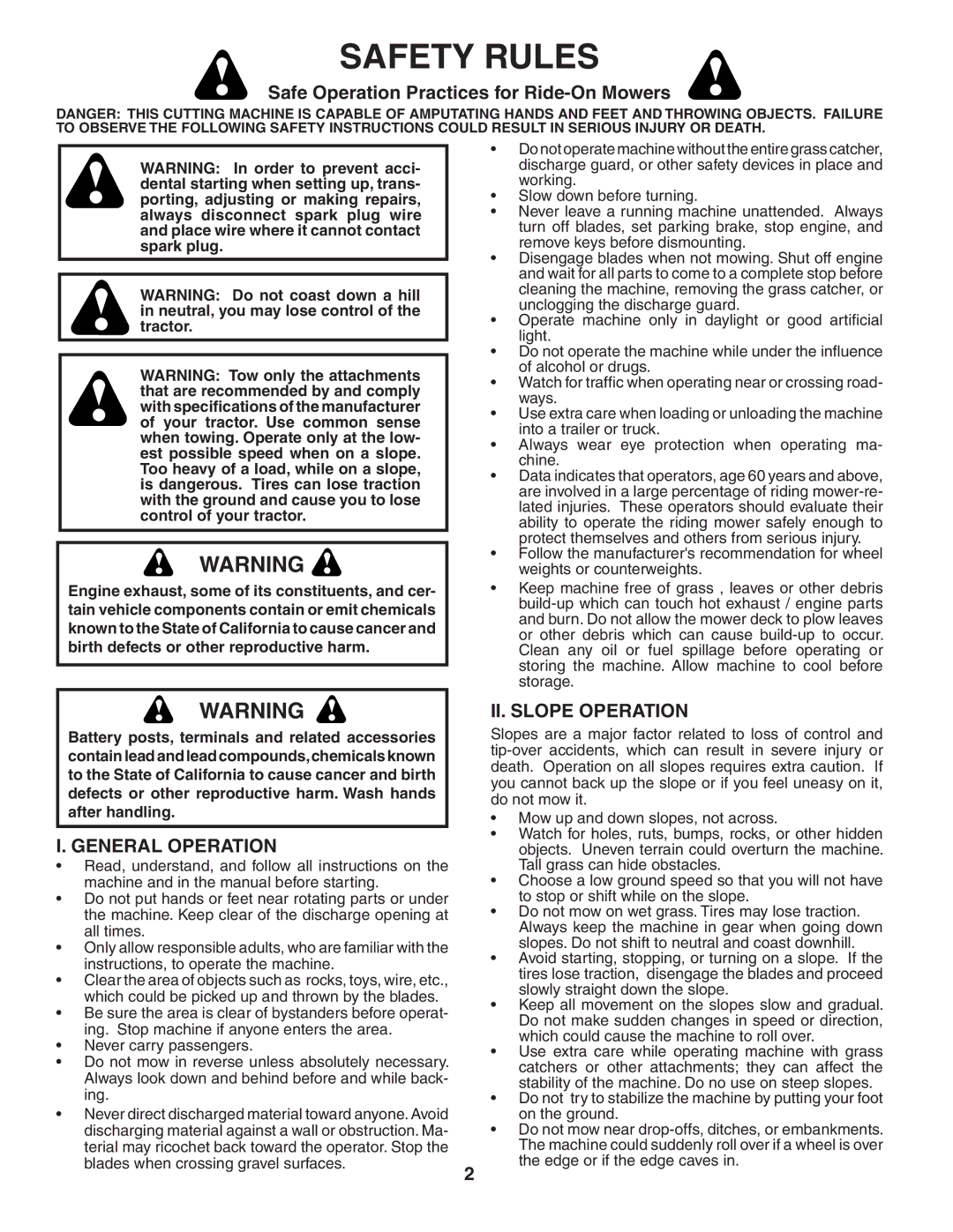 Husqvarna YT1942T Safety Rules, Safe Operation Practices for Ride-On Mowers, General Operation, II. Slope Operation 