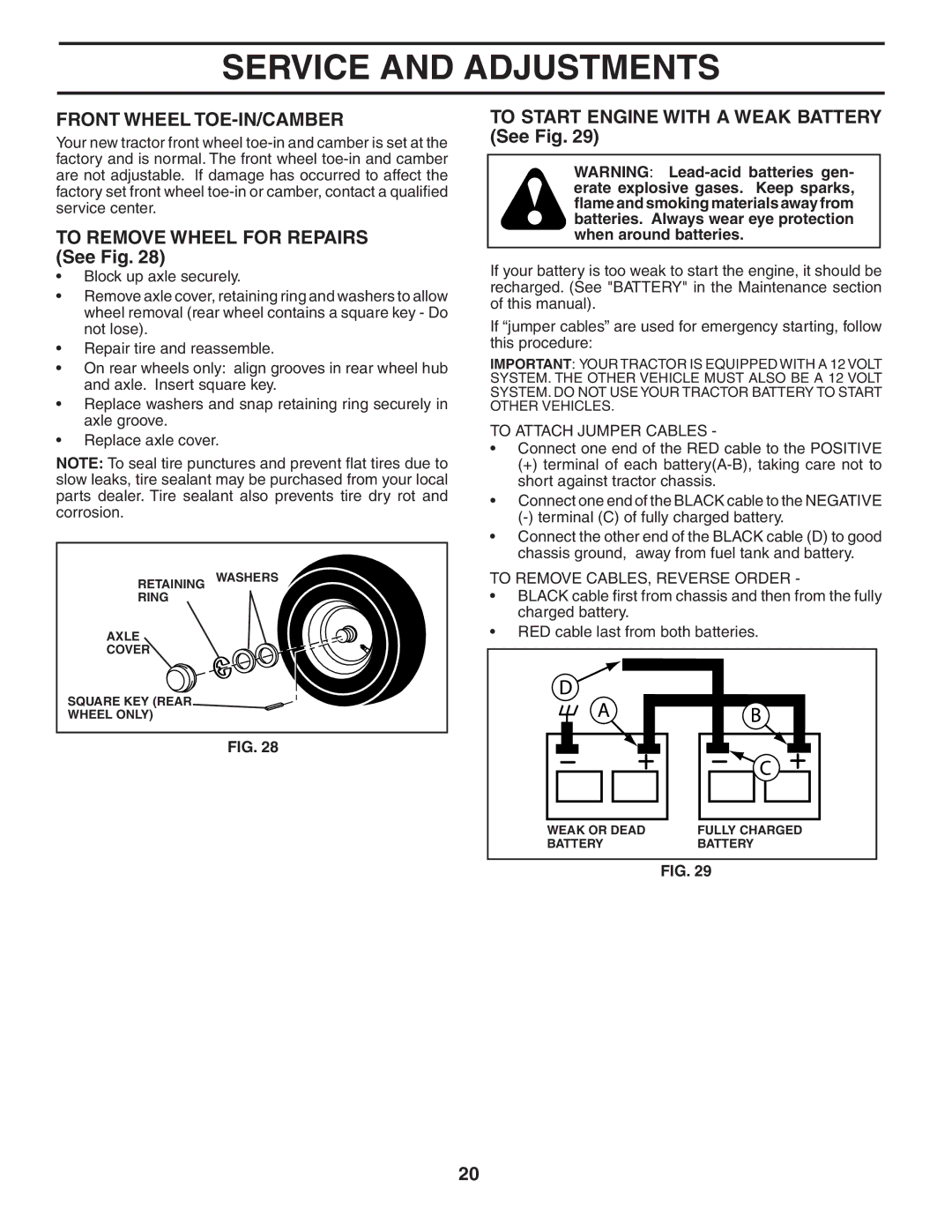 Husqvarna YT1942T owner manual Front Wheel TOE-IN/CAMBER, To Remove Wheel for Repairs See Fig 