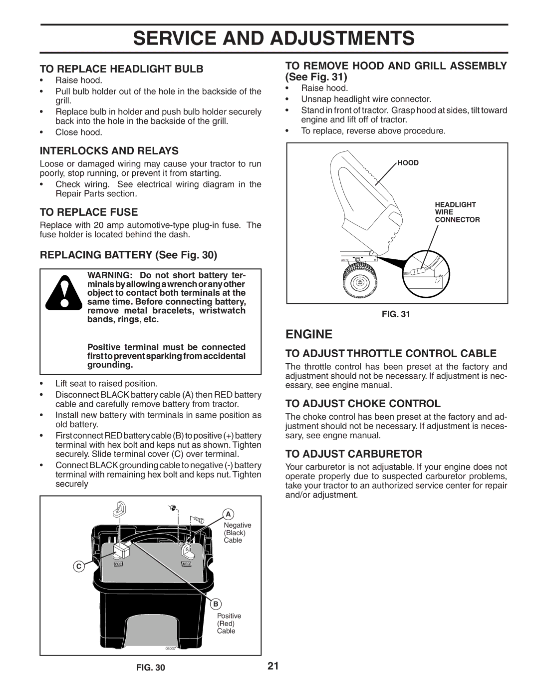 Husqvarna YT1942T To Replace Headlight Bulb, Interlocks and Relays, To Replace Fuse, To Adjust Throttle Control Cable 