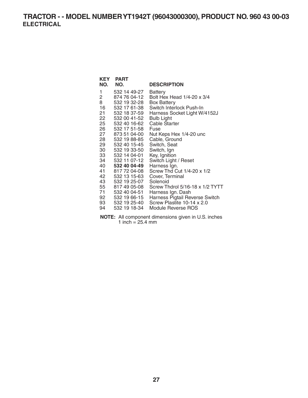 Husqvarna YT1942T owner manual KEY Part Description 