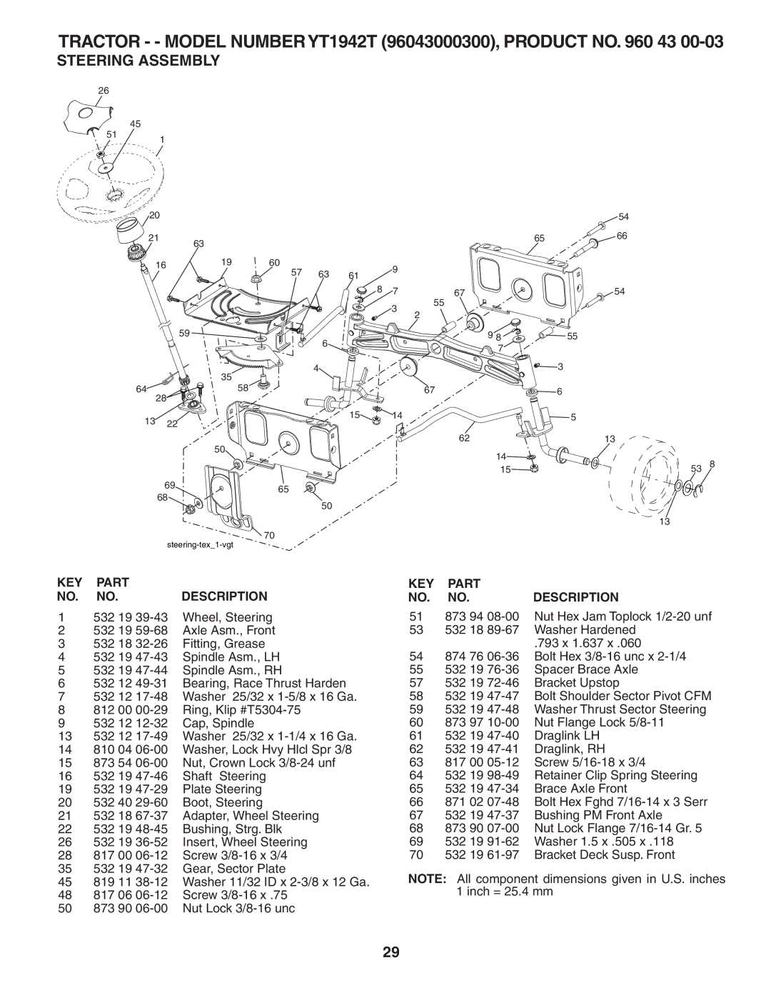 Husqvarna YT1942T owner manual Steering Assembly 