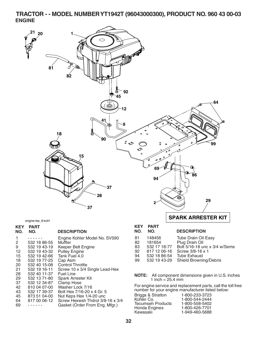 Husqvarna YT1942T owner manual Engine, Spark Arrester KIT 