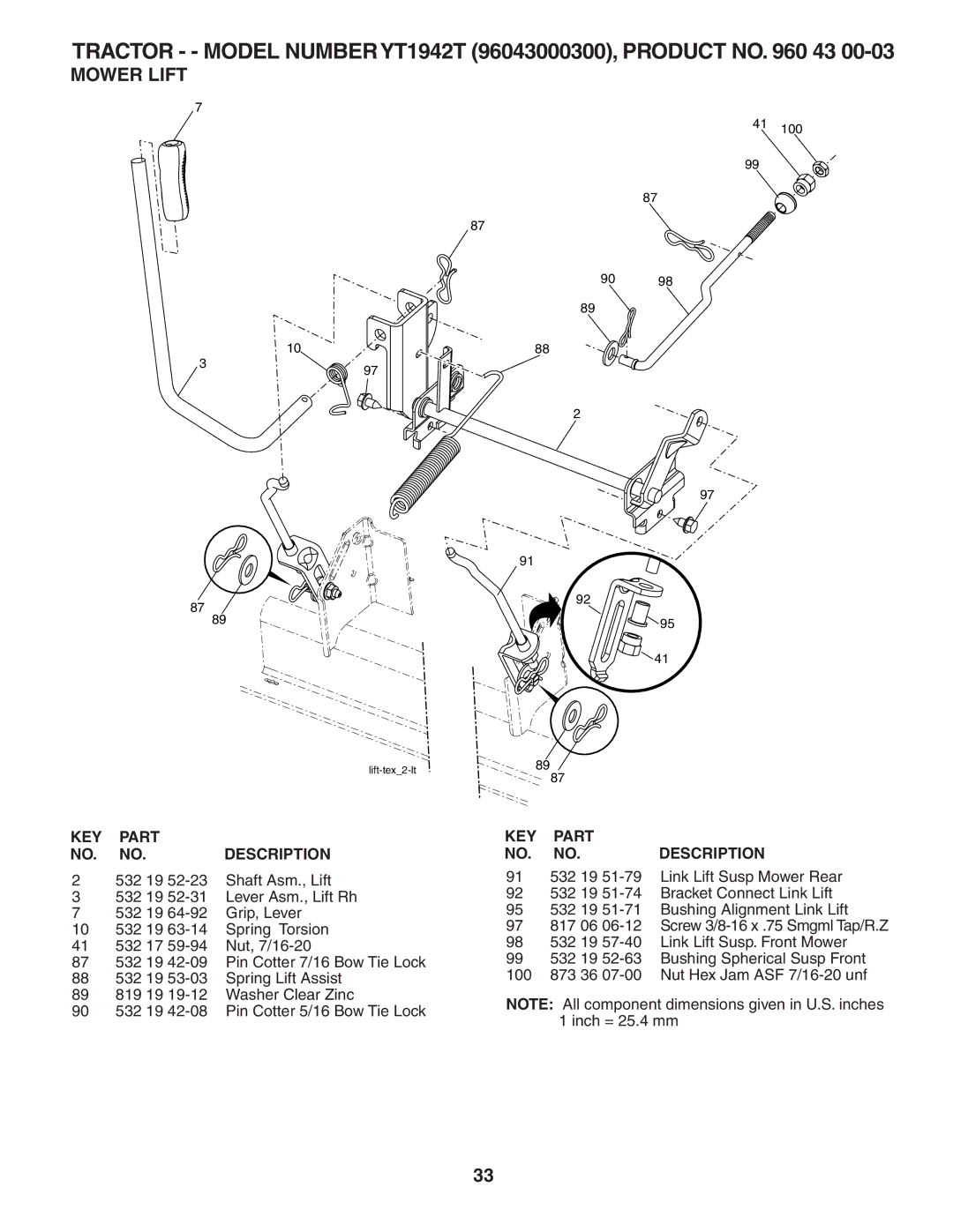 Husqvarna YT1942T owner manual Mower Lift, 532 19 Shaft Asm., Lift 