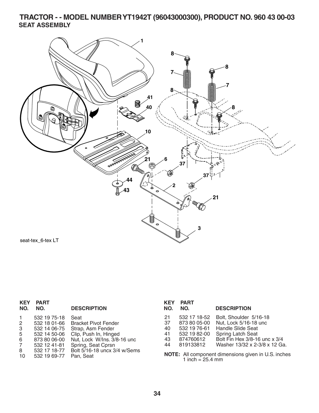 Husqvarna YT1942T owner manual Seat Assembly, 532 19 Seat 