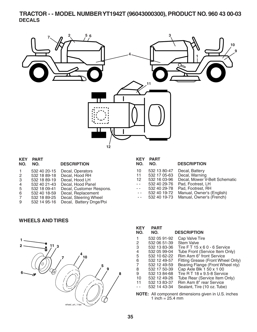 Husqvarna YT1942T owner manual Decals, Wheels and Tires 