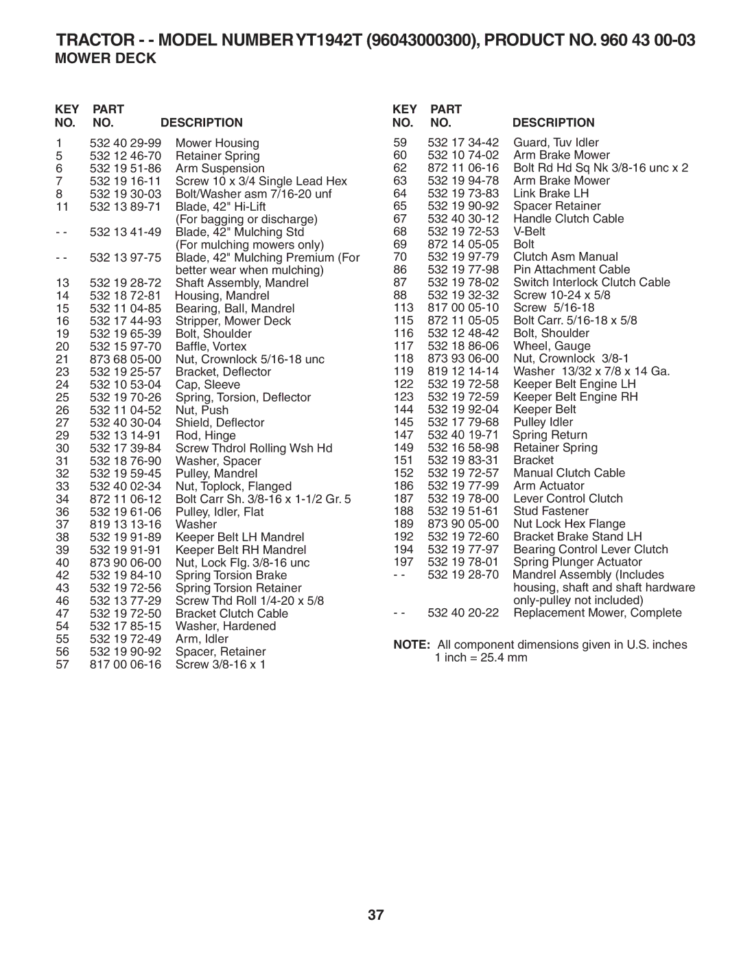 Husqvarna YT1942T owner manual Mower Deck 