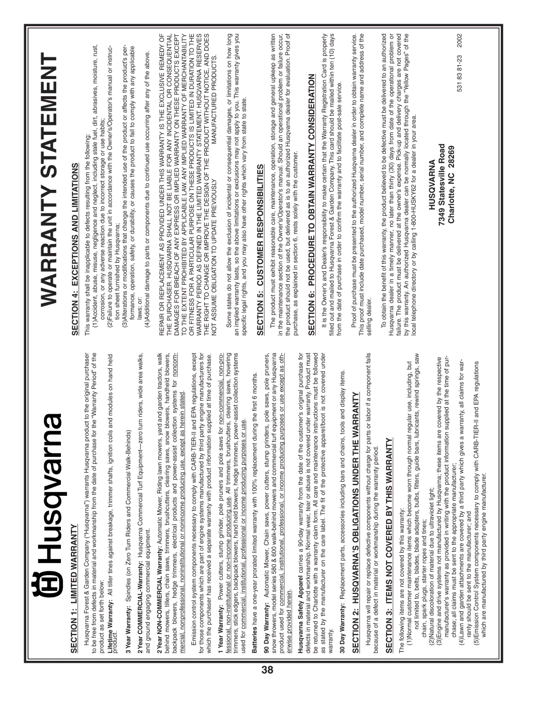 Husqvarna YT1942T owner manual Warranty Statement 