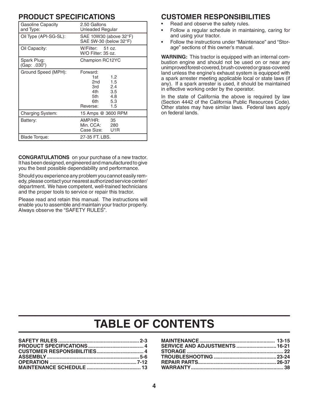 Husqvarna YT1942T owner manual Table of Contents 