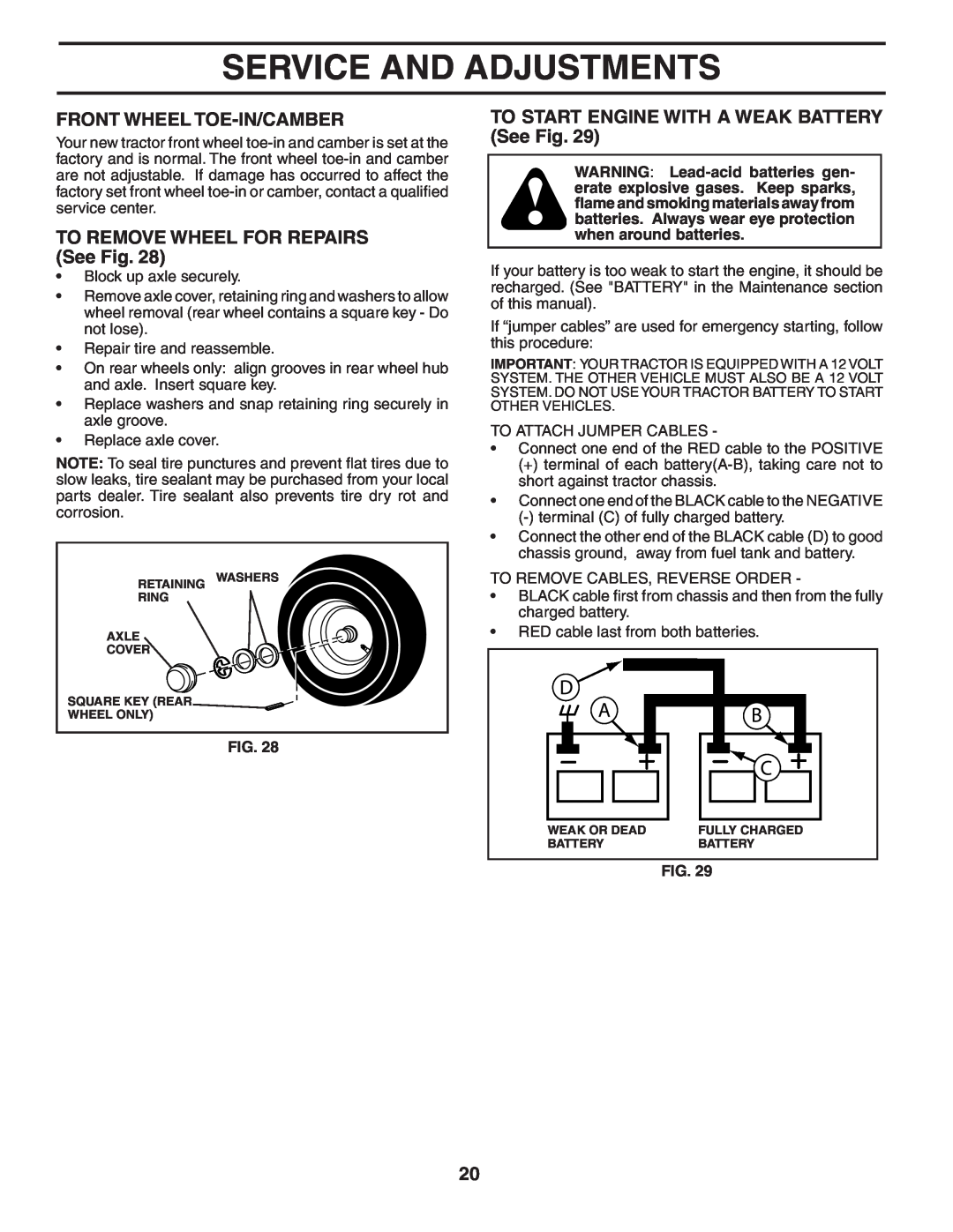 Husqvarna YT1942T owner manual Front Wheel Toe-In/Camber, TO REMOVE WHEEL FOR REPAIRS See Fig, Service And Adjustments 