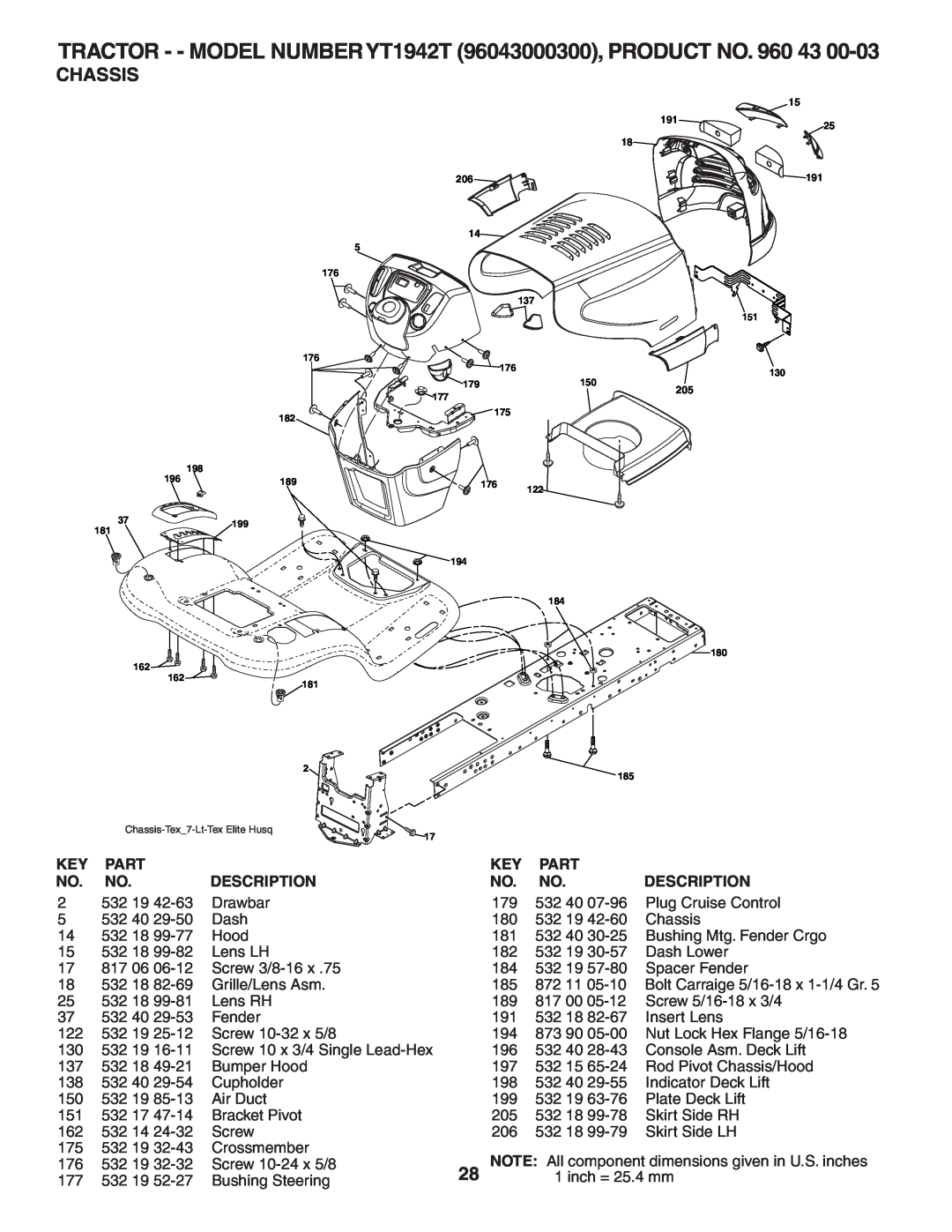 Husqvarna YT1942T owner manual Chassis, Part, Description 