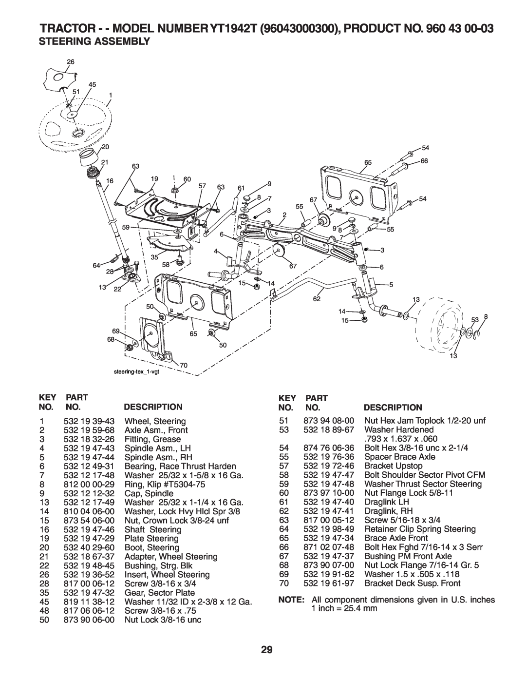 Husqvarna YT1942T owner manual Steering Assembly, Part, Description 