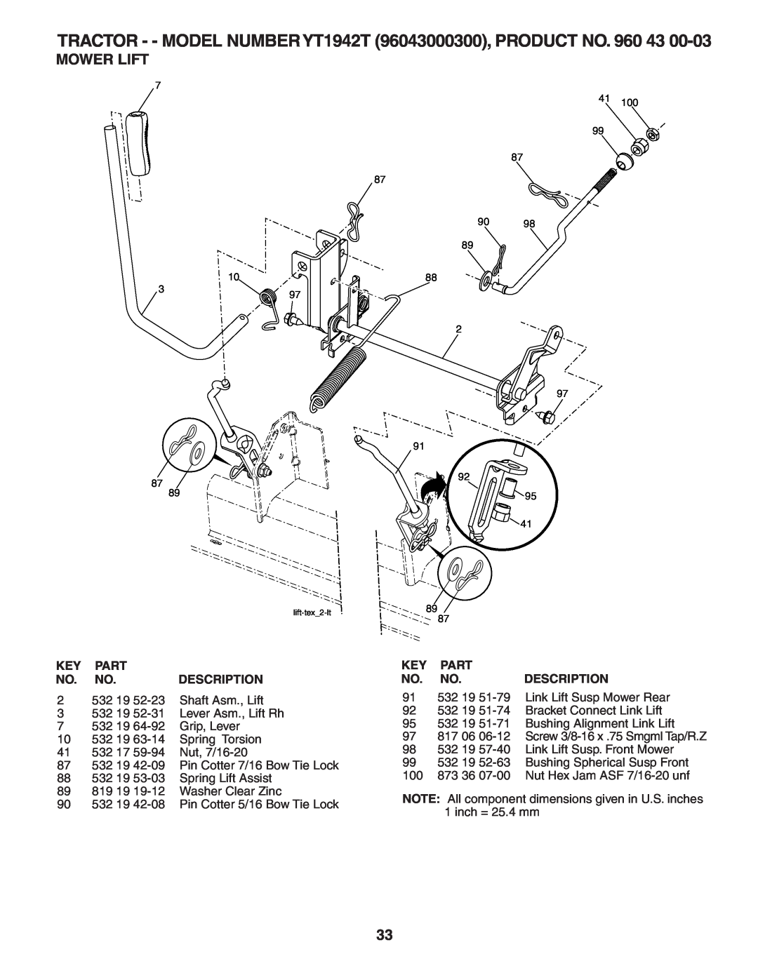 Husqvarna YT1942T owner manual Mower Lift, Part, Description, 532, Shaft Asm., Lift 