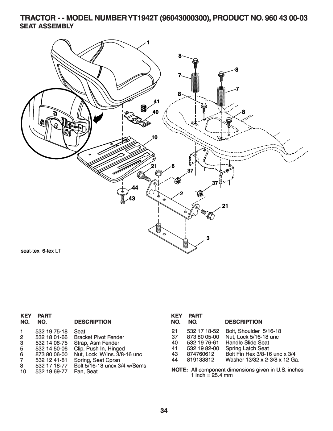 Husqvarna YT1942T owner manual Seat Assembly, Part, Description, 532 