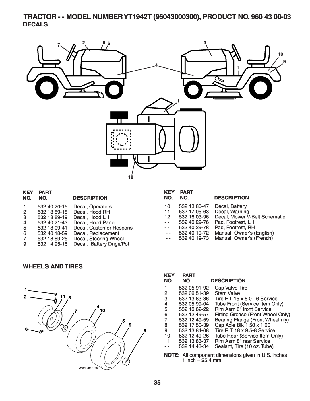 Husqvarna YT1942T owner manual Decals, Wheels And Tires, Part, Description 