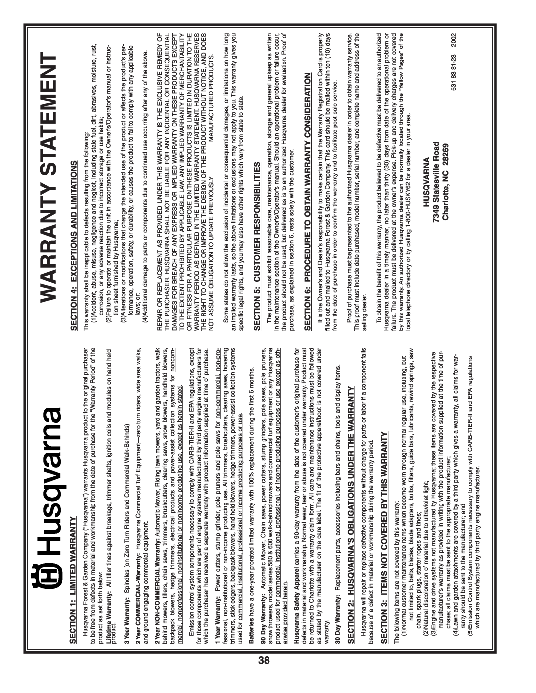 Husqvarna YT1942T Warranty Statement, Limited Warranty, Items Not Covered By This Warranty, Exceptions And Limitations 