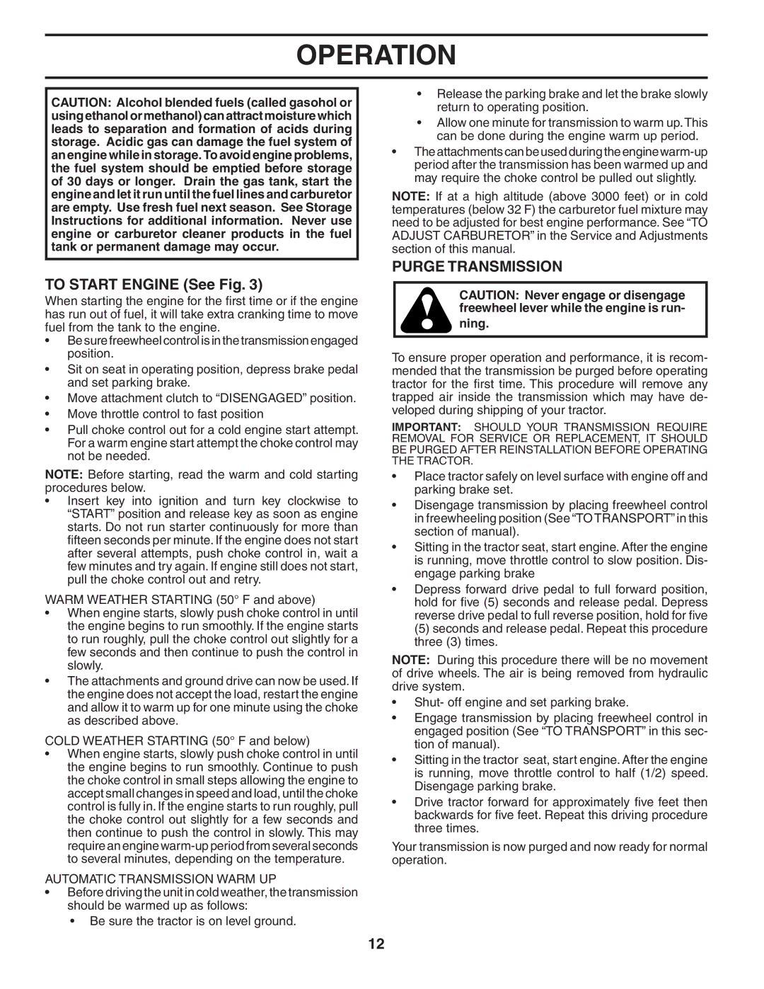 Husqvarna YTH 2448 T owner manual To Start Engine See Fig, Purge Transmission, Automatic Transmission Warm UP 