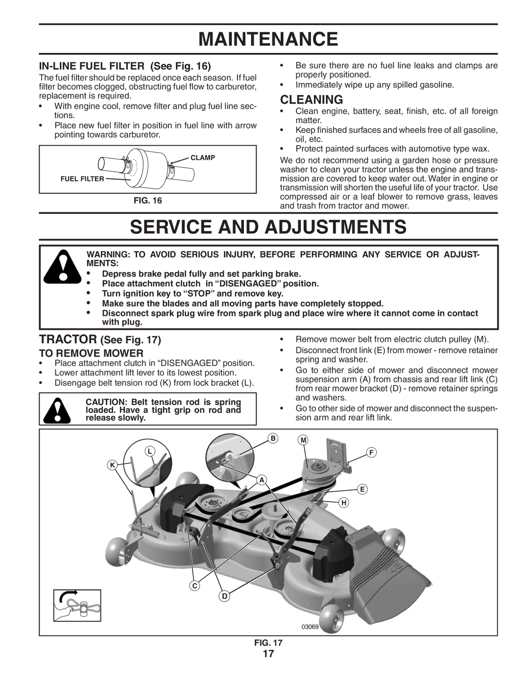 Husqvarna YTH 2448 T Service and Adjustments, Cleaning, IN-LINE Fuel Filter See Fig, Tractor See Fig, To Remove Mower 