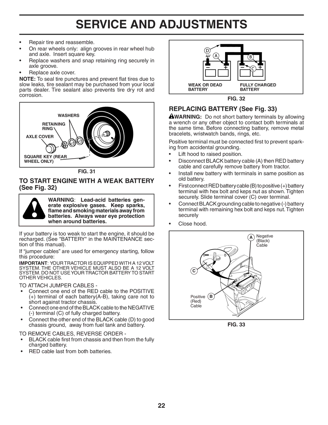 Husqvarna YTH 2448 T To Start Engine with a Weak Battery See Fig, Replacing Battery See Fig, To Attach Jumper Cables 