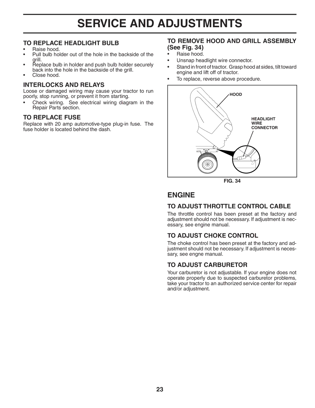 Husqvarna YTH 2448 T To Replace Headlight Bulb, Interlocks and Relays, To Replace Fuse, To Adjust Throttle Control Cable 