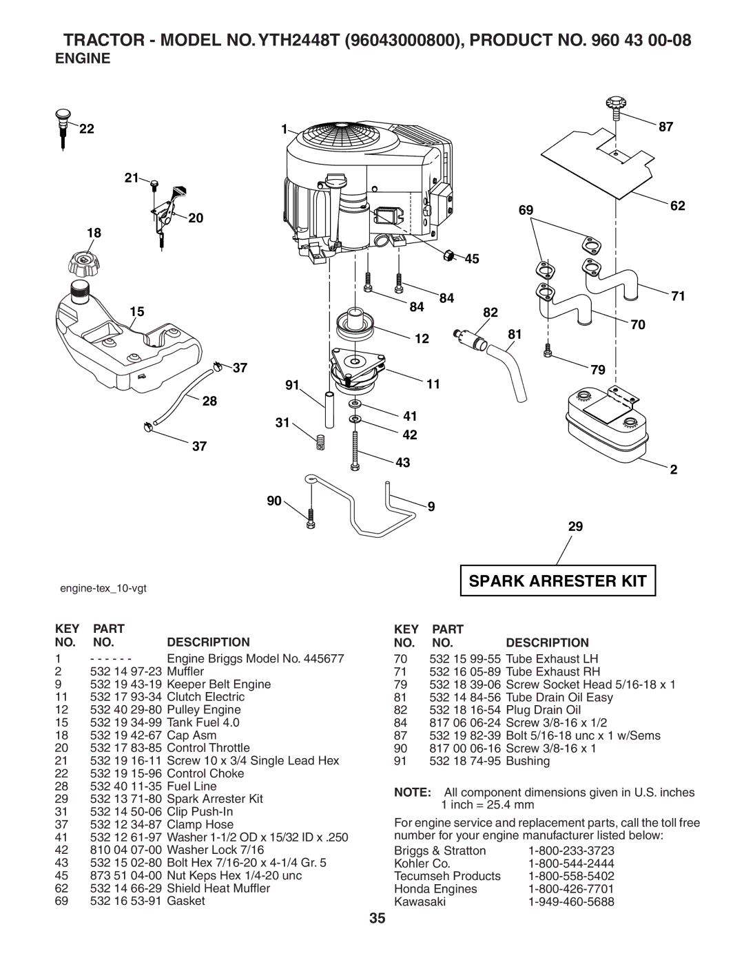 Husqvarna YTH 2448 T owner manual Spark Arrester KIT, Engine 