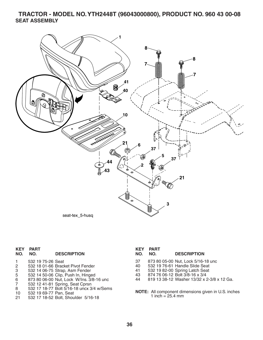 Husqvarna YTH 2448 T owner manual Seat Assembly 