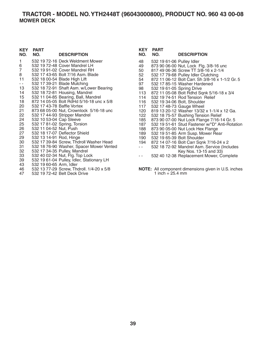 Husqvarna YTH 2448 T owner manual KEY Part NO. NO.DESCRIPTION 