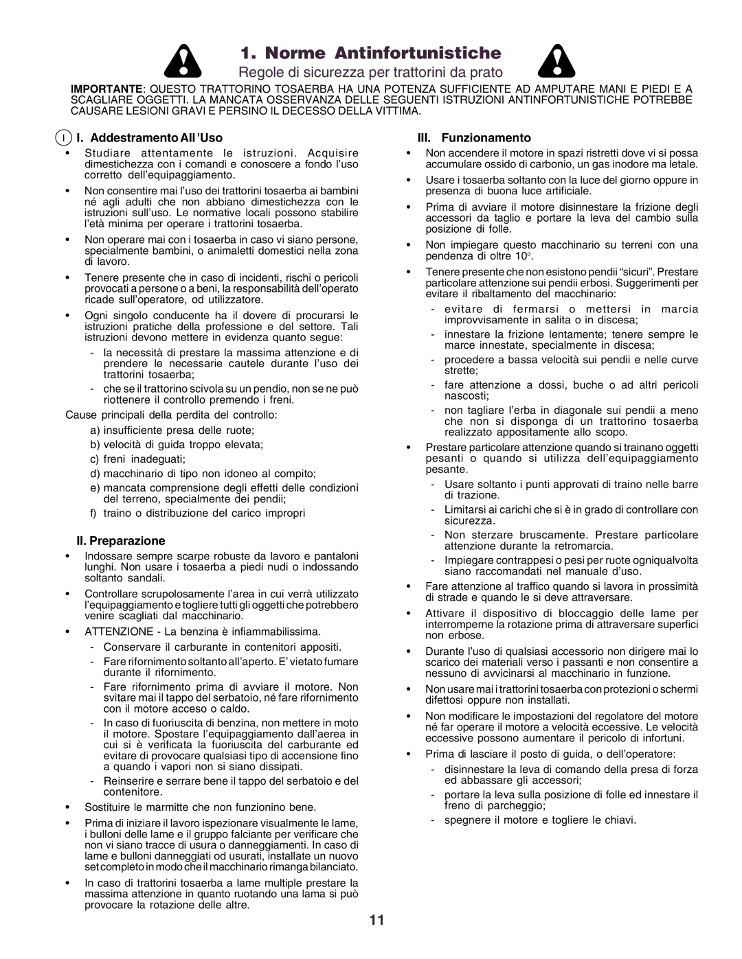 Husqvarna YTH130 instruction manual Norme Antinfortunistiche, Addestramento All Uso III. Funzionamento, II. Preparazione 