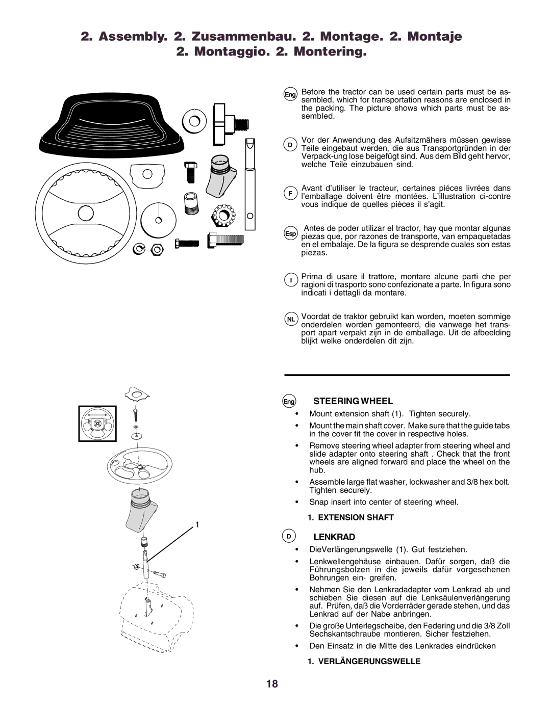 Husqvarna YTH130 instruction manual Eng Steering Wheel, Lenkrad, Extension Shaft, Verlängerungswelle 