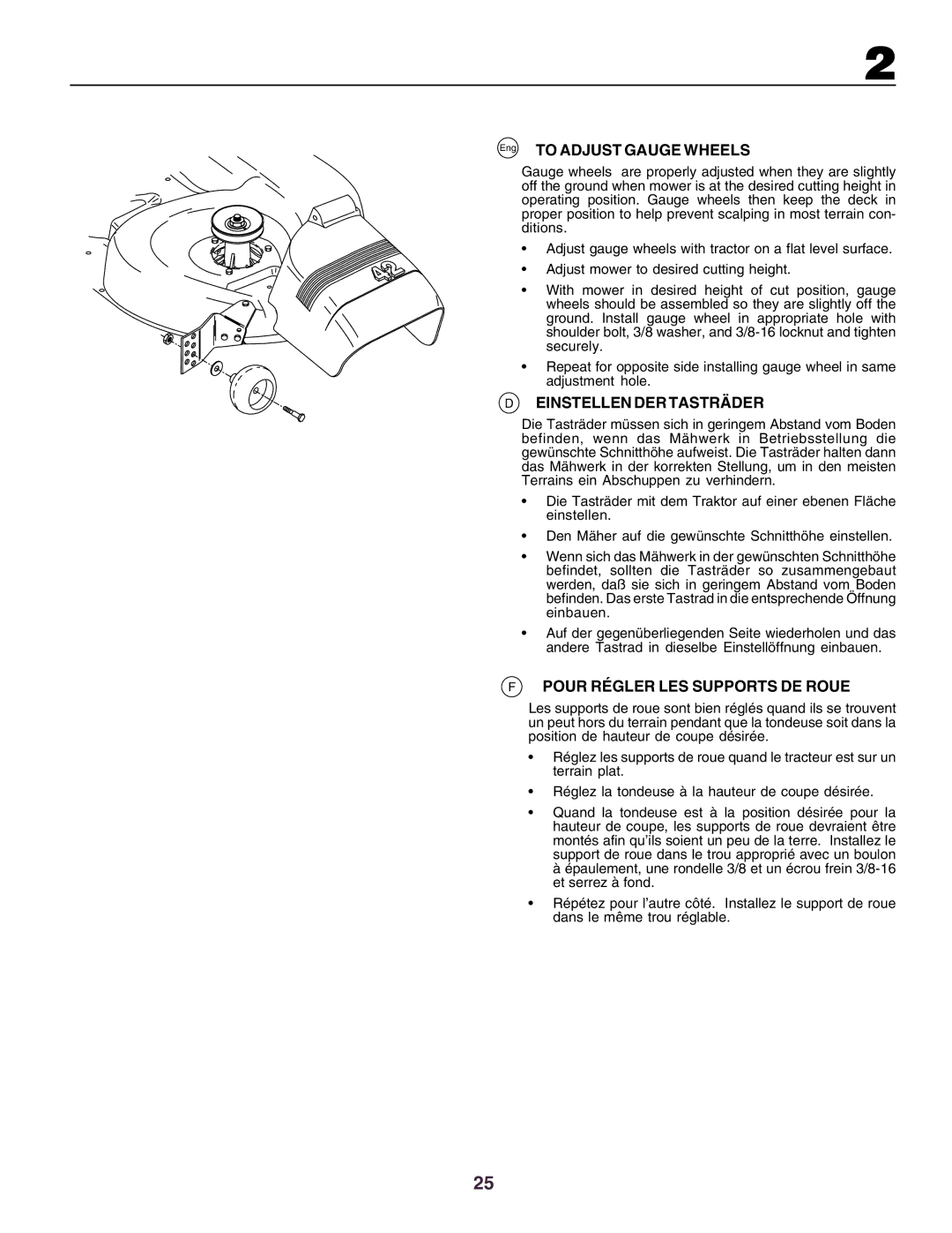 Husqvarna YTH130 instruction manual Eng to Adjust Gauge Wheels, Einstellen DER Tasträder, Pour Régler LES Supports DE Roue 