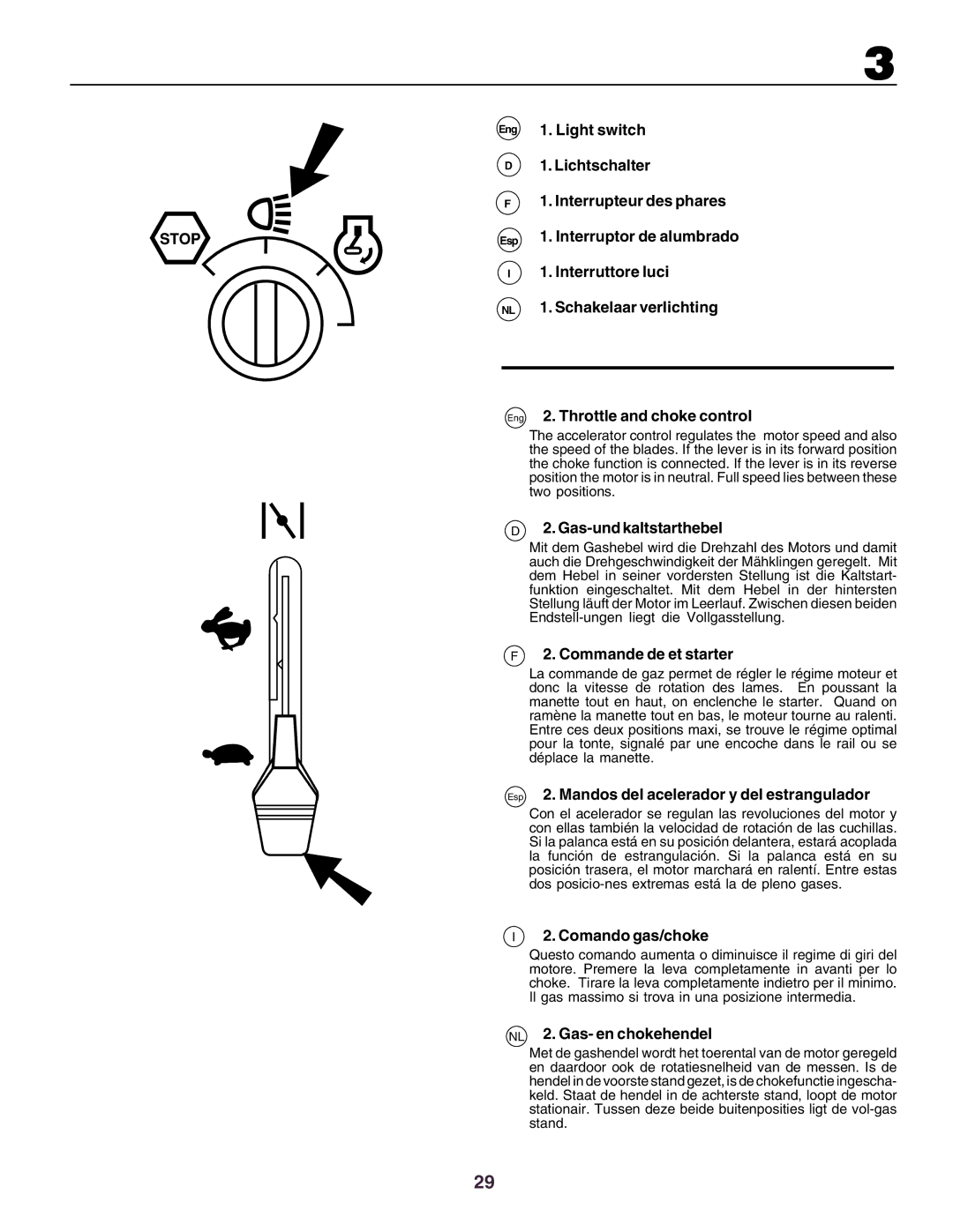 Husqvarna YTH130 Gas-und kaltstarthebel, Commande de et starter, Esp 2. Mandos del acelerador y del estrangulador 