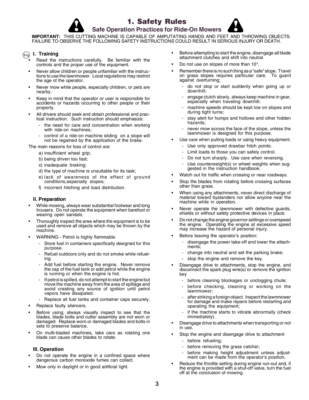 Husqvarna YTH130 instruction manual Safety Rules, Eng I. Training, II. Preparation, III. Operation 