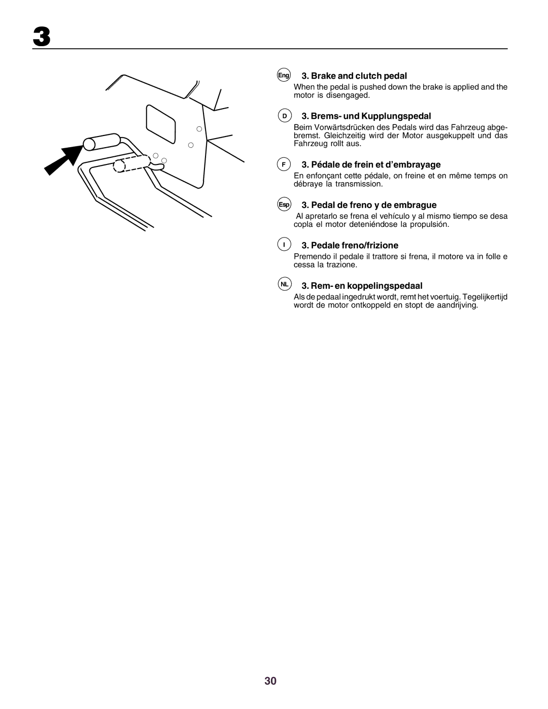Husqvarna YTH130 Eng 3. Brake and clutch pedal, Brems- und Kupplungspedal, Pédale de frein et d’embrayage 