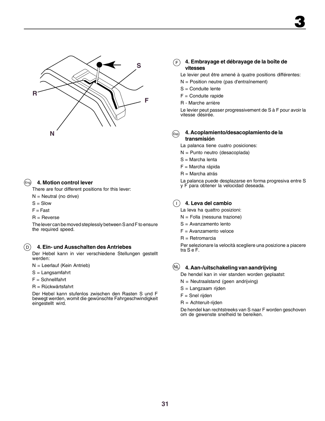 Husqvarna YTH130 instruction manual Eng 4. Motion control lever, Ein- und Ausschalten des Antriebes, Leva del cambio 