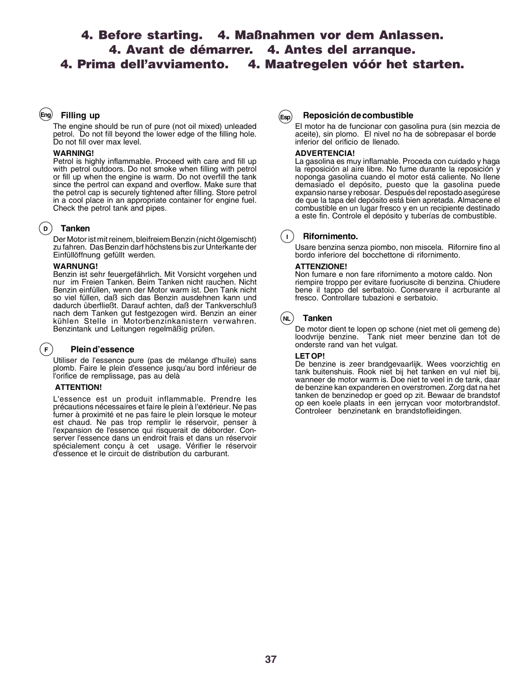 Husqvarna YTH130 instruction manual Eng Filling up, Esp Reposición de combustible, Tanken, Plein d’essence, Rifornimento 