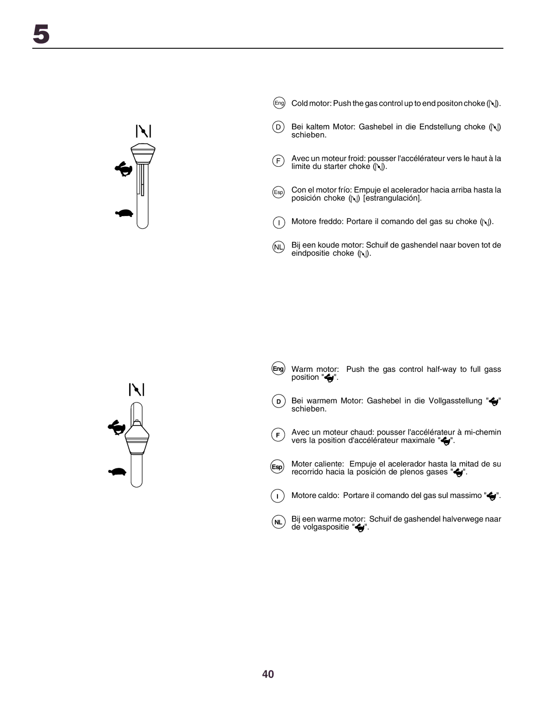 Husqvarna YTH130 instruction manual Eng Cold motor Push the gas control up to end positon choke 