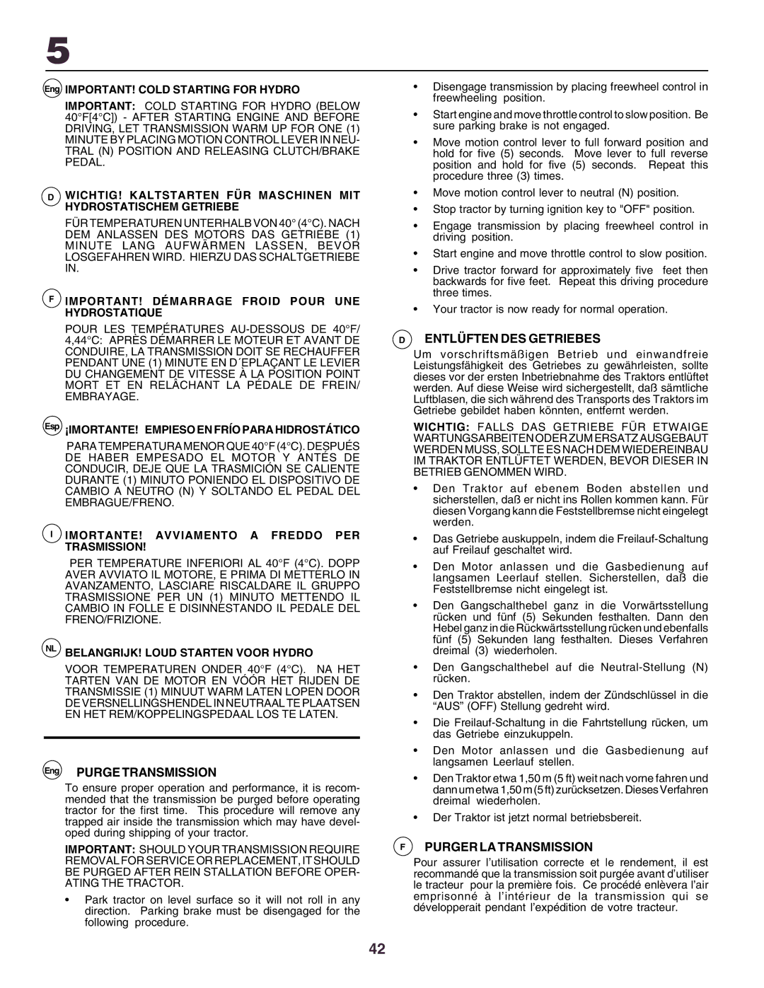 Husqvarna YTH130 instruction manual Eng Purge Transmission, Entlüften DES Getriebes, Purger LA Transmission 