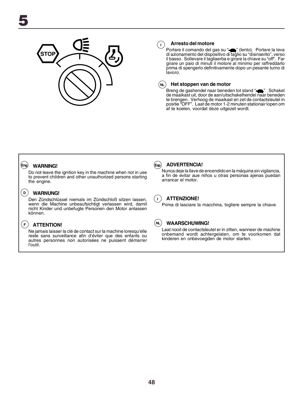 Husqvarna YTH130 instruction manual NL Het stoppen van de motor, Arresto del motore 