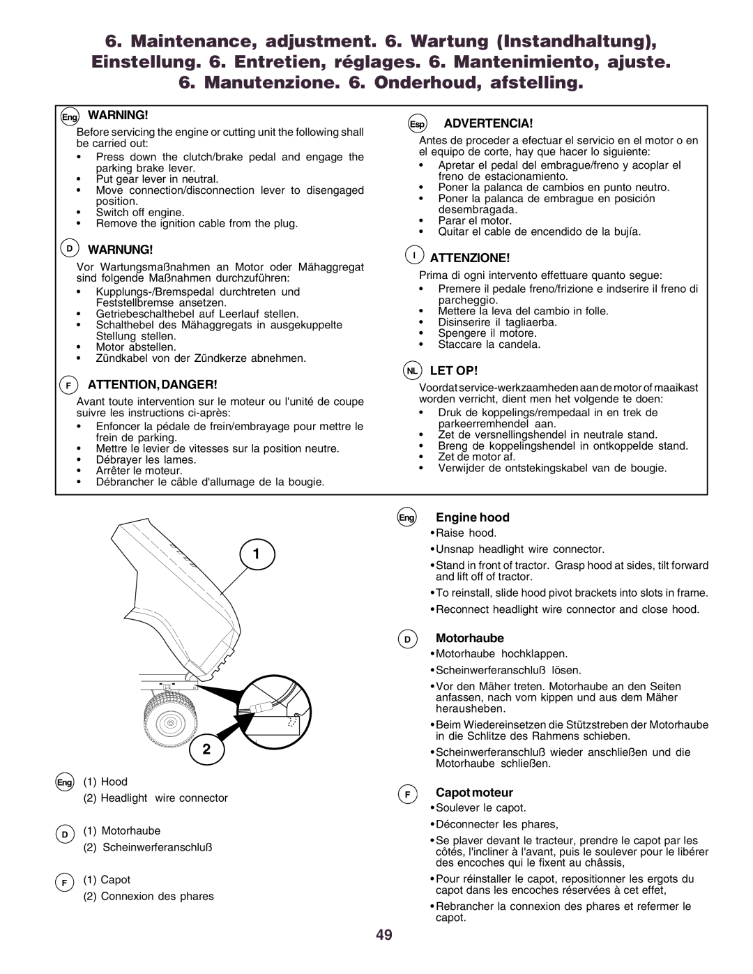 Husqvarna YTH130 instruction manual Engine hood, Motorhaube, Capot moteur 