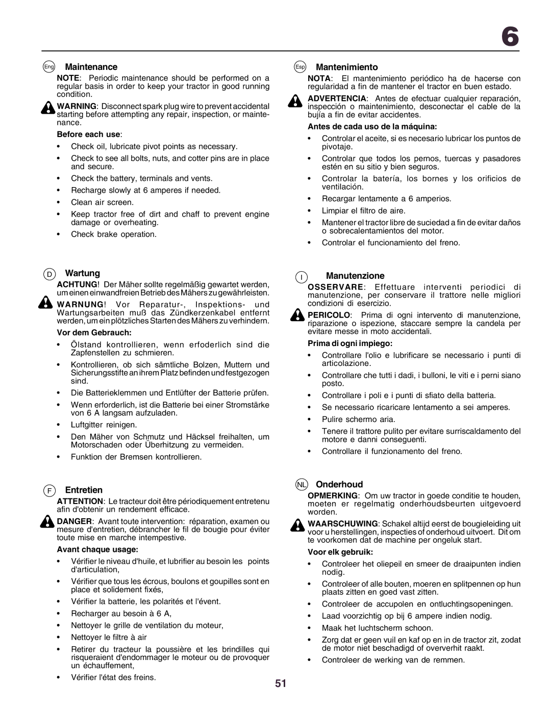 Husqvarna YTH130 instruction manual Eng Maintenance, Wartung, Entretien, Esp Mantenimiento, Manutenzione, NL Onderhoud 