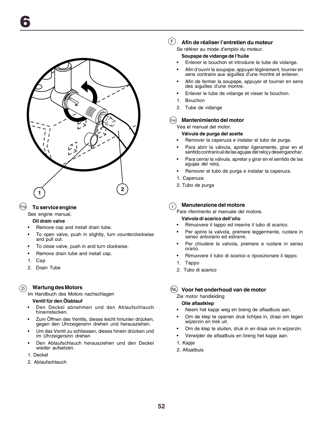 Husqvarna YTH130 instruction manual Afin de réaliser l’entretien du moteur, Esp Mantenimiento del motor, Wartung des Motors 