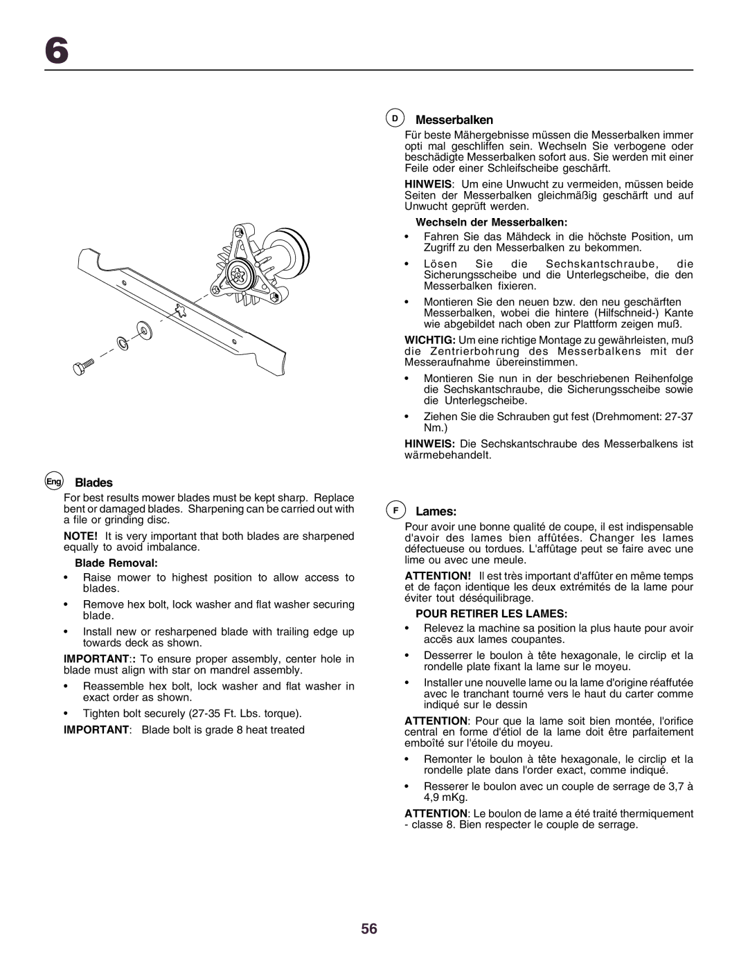 Husqvarna YTH130 instruction manual Eng Blades, Messerbalken, Pour Retirer LES Lames 