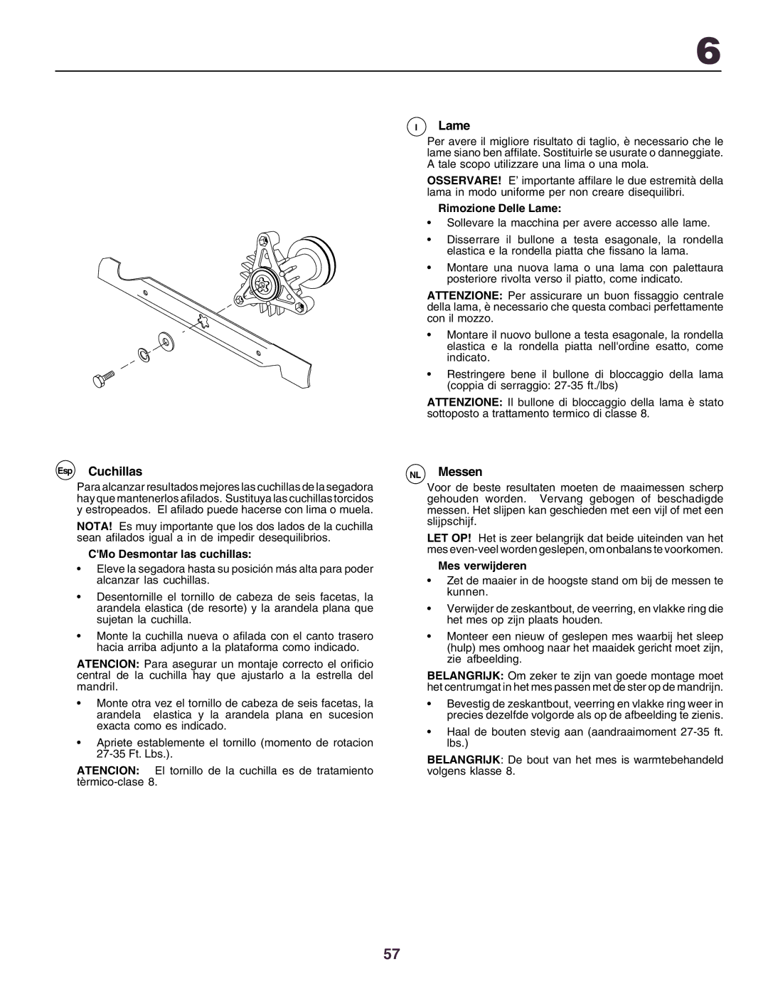 Husqvarna YTH130 instruction manual Esp Cuchillas, Lame, NL Messen 