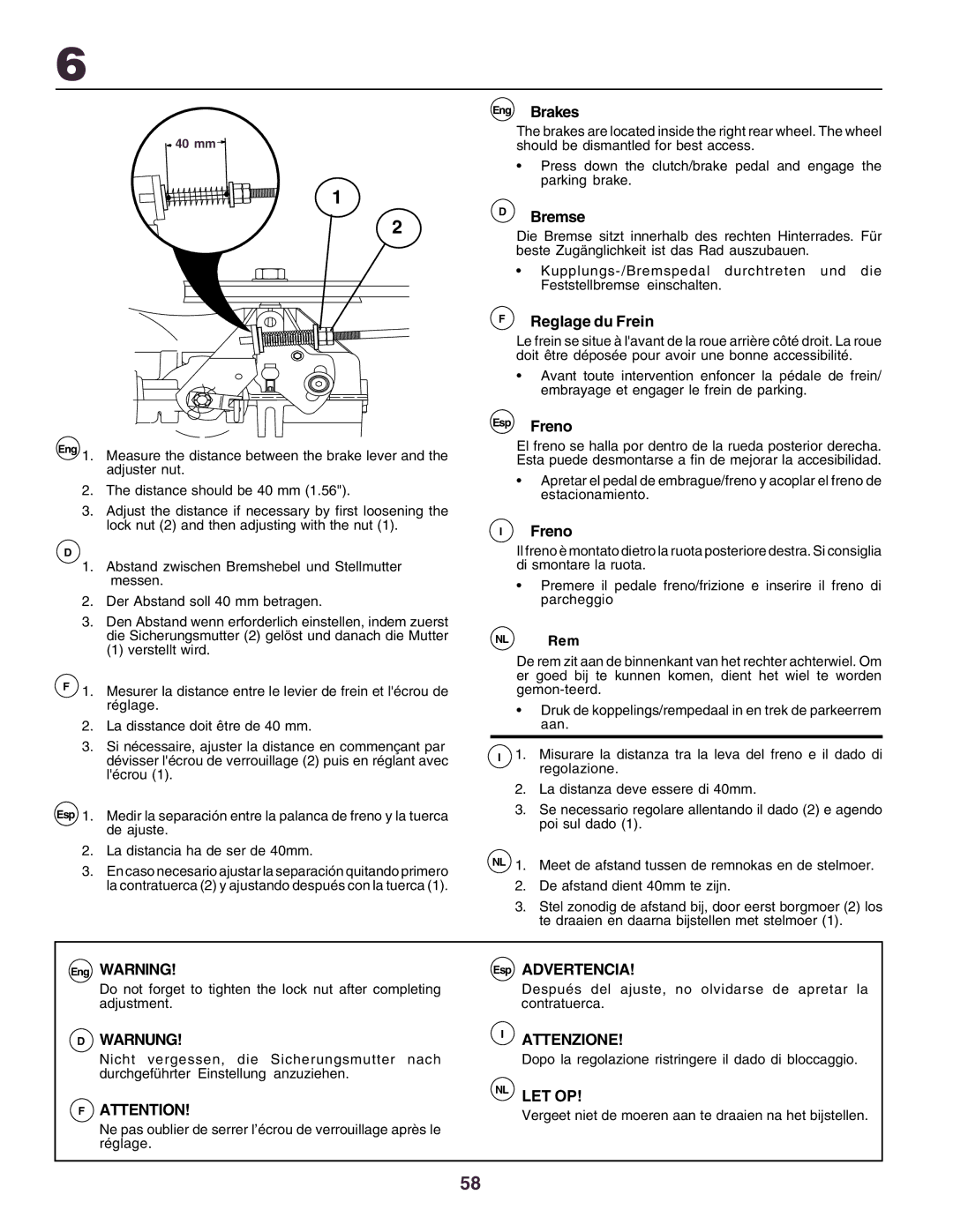 Husqvarna YTH130 instruction manual Eng Brakes, Bremse, Reglage du Frein, Esp Freno 