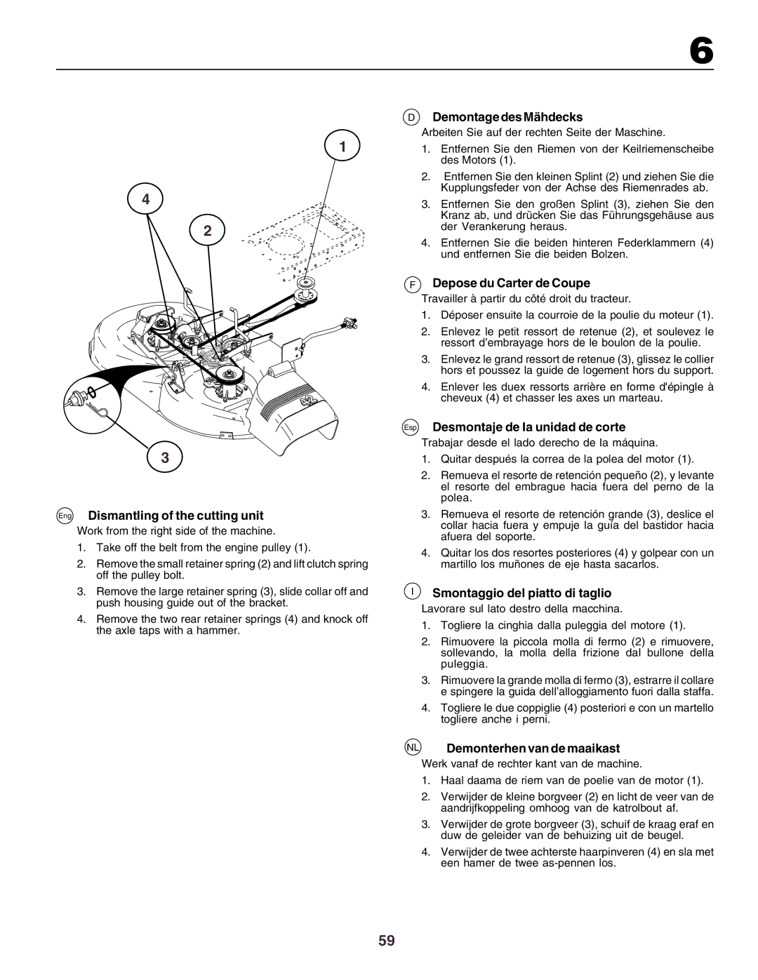 Husqvarna YTH130 instruction manual Eng Dismantling of the cutting unit, Demontage des Mähdecks, Depose du Carter de Coupe 