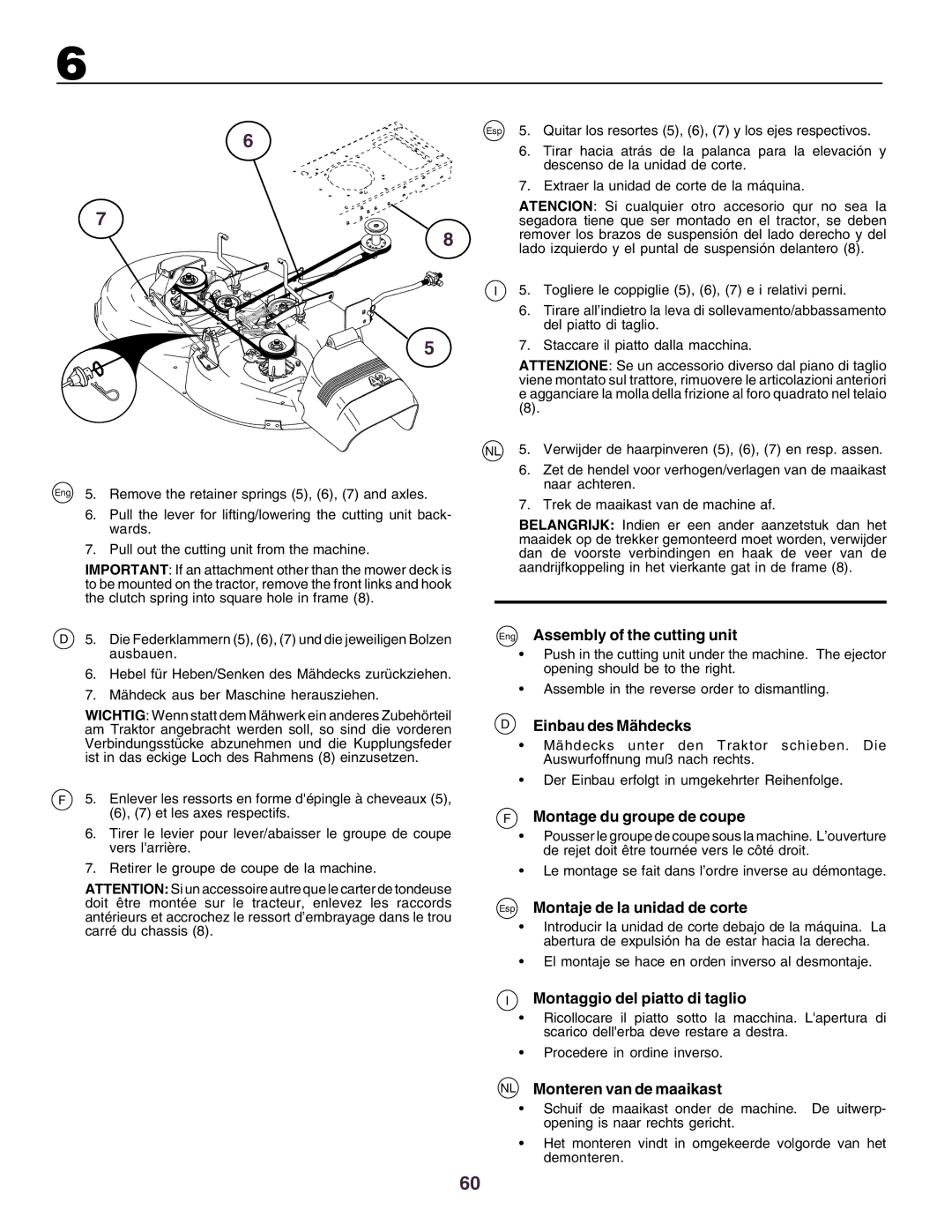 Husqvarna YTH130 instruction manual Eng Assembly of the cutting unit, Einbau des Mähdecks, Montage du groupe de coupe 