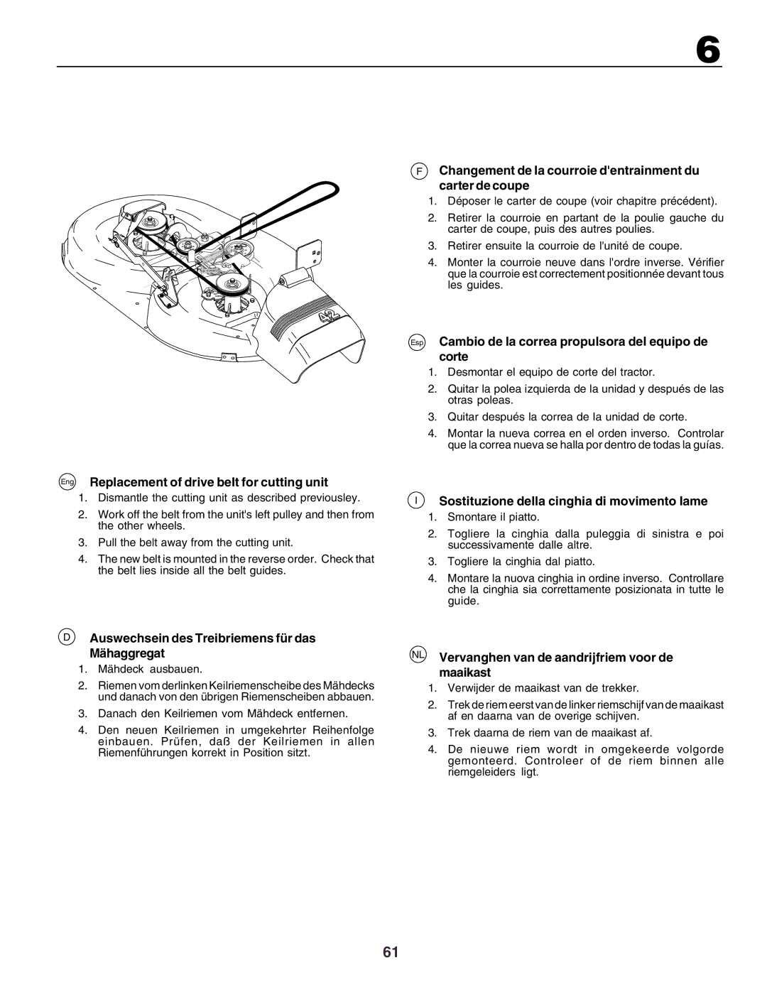 Husqvarna YTH130 Eng Replacement of drive belt for cutting unit, Auswechsein des Treibriemens für das Mähaggregat 