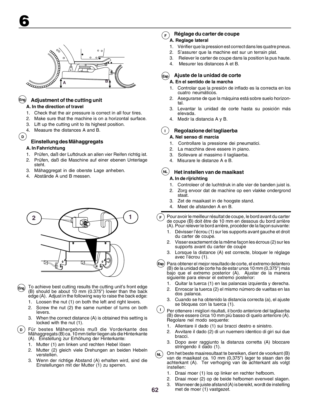 Husqvarna YTH130 Eng Adjustment of the cutting unit, Einstellung des Mähaggregats, Réglage du carter de coupe 